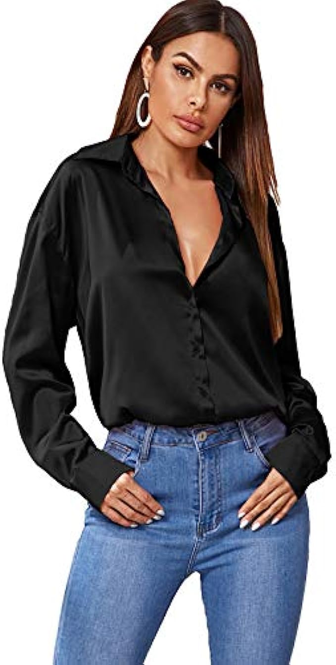 SOLY HUX Women's Satin Silk Long Sleeve Button Down Shirt Formal Work Blouse Top
