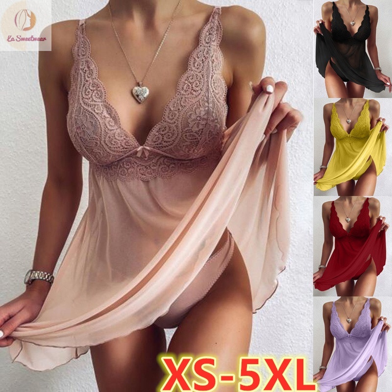 Women Fashion V-neck Crochet Lace Mesh Dress and Pantie Two Pieces Set Soft Homewear Halter Lace Nightgown Plus Size