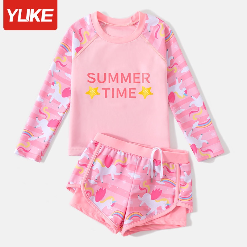 Kids Swimsuit 2023 Cartoon Cute Girls Long Sleeve Sun Protection Two Piece Swimsuit Student Swimmer Conservative Swimwear Children Soft and Comfortable Swimming Suit