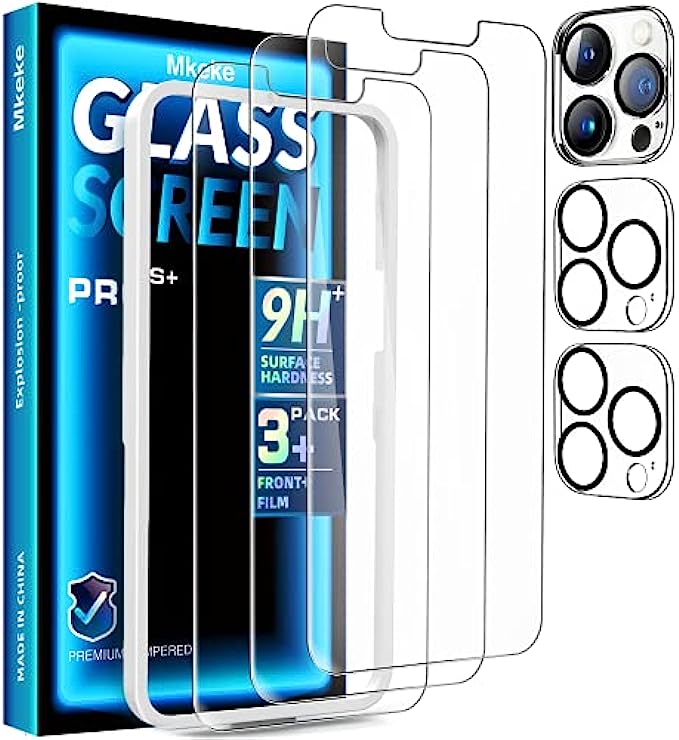 Mkeke Compatible with iPhone 13 Pro Max Screen Protector, Tempered Glass Screen Protector for iPhone 13 Pro Max with Camera Lens Protector 6.7 inch 3 Pack