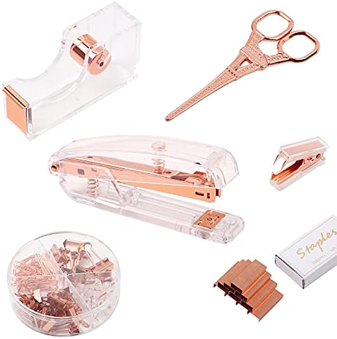 Rose Gold Office Supplies and Accessories, DaizySight Cute Desk Decor Set for Women, with Stapler, Tape Dispenser, Stapler Removers, Iron Tower Scissors, Aesthetic School Supplies for Girls