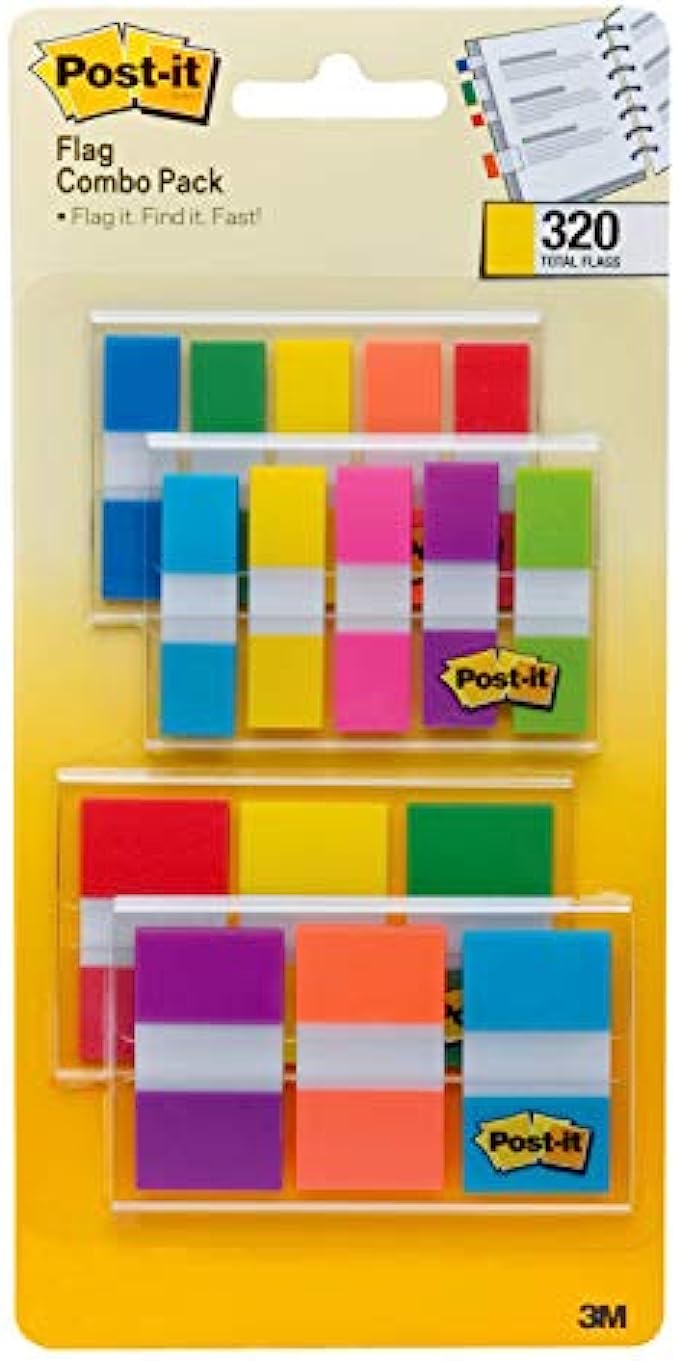 Post-it Flags Assorted Color Combo Pack, 320 Flags Total, 200 1-Inch Wide Flags and 120.5-Inch Wide Flags, 4 On-The-Go Dispensers/Pack (683XL1)