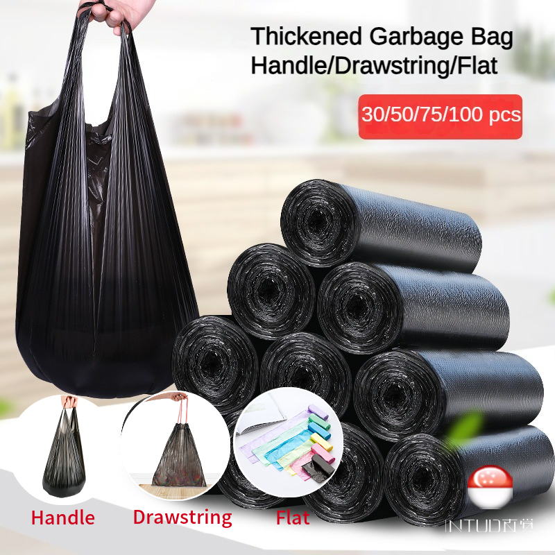 【SG Ready Stock】 Garbage Bag Handle/Drawstring/Flat Rubbish Bag Thick Disposable Plastic Trash Bags